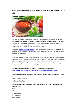 Global Tomato Ketchup Market Analysis 2016-2020 and Forecast 2021-2026