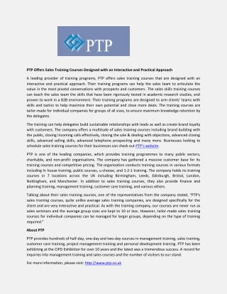 PTP Offers Sales Training Courses Designed with an Interactive and Practical Approach