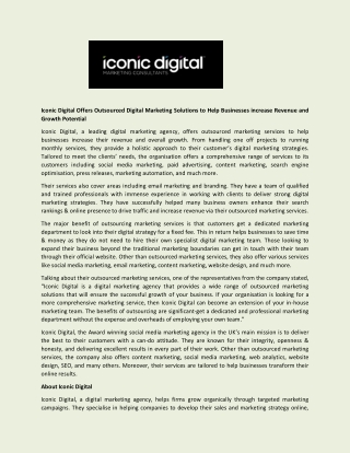 Iconic Digital Offers Outsourced Digital Marketing Solutions to Help Businesses increase Revenue and Growth Potential