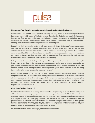 Manage Cash Flow Dips with Invoice Factoring Solutions from Pulse Cashflow Finance