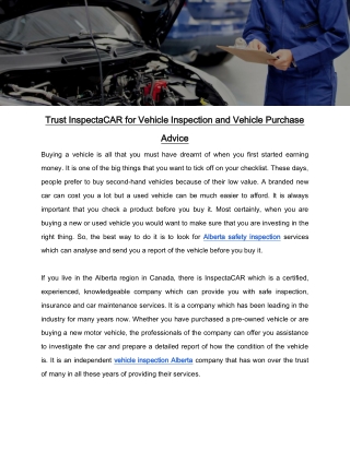 Trust InspectaCAR for Vehicle Inspection and Vehicle Purchase Advice