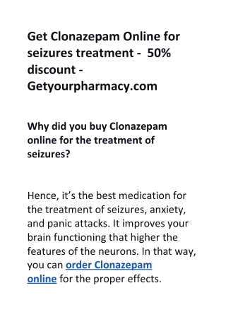 Get Clonazepam Online for seizures treatment -  50% discount - Getyourpharmacy.com