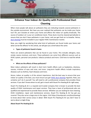 Enhance Your Indoor Air Quality with Professional Duct Cleaning