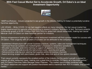 With Fast Casual Market Set to Accelerate Growth, Ori’Zaba’s is an Ideal Investment Opportunity