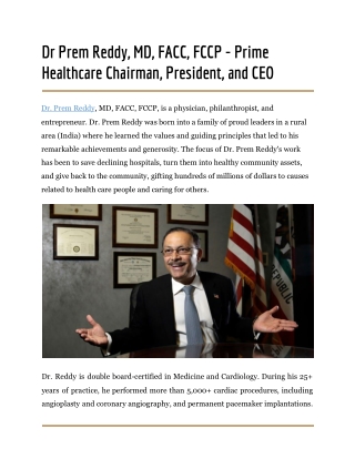 Dr Prem Reddy, MD, FACC, FCCP - Prime Healthcare Chairman, President, And CEO