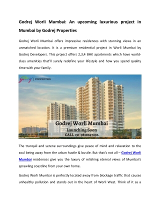 Godrej Properties Luxurious Project In Worli Mumbai