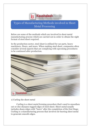 Types of Manufacturing Methods involved in Steel Sheet Processing