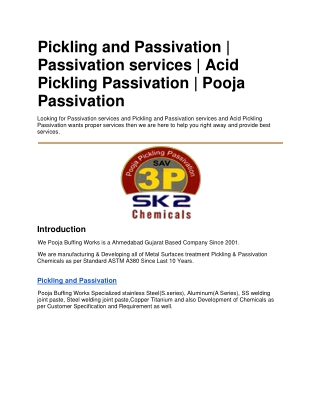 Pickling and Passivation | Passivation services | Acid Pickling Passivation | Pooja Passivation