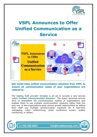 VSPL Announces to Offer Unified Communication as a Service