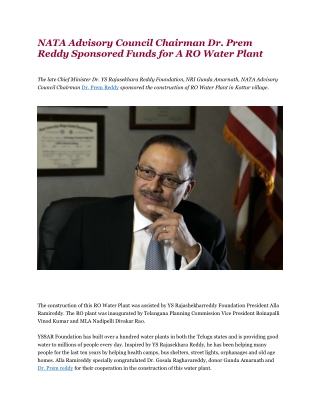 NATA Advisory Council Chairman Dr. Prem Reddy Sponsored Funds For A RO Water Plant