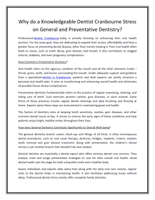 Why do a Knowledgeable Dentist Cranbourne Stress on General and Preventative Dentistry