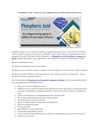 Phosphoric Acid – Features, Uses, Applications and Manufacturing Process