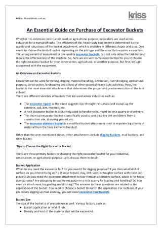 An Essential Guide on Purchase of Excavator Buckets