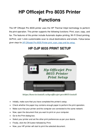 HP Officejet Pro 8035 Printer Functions