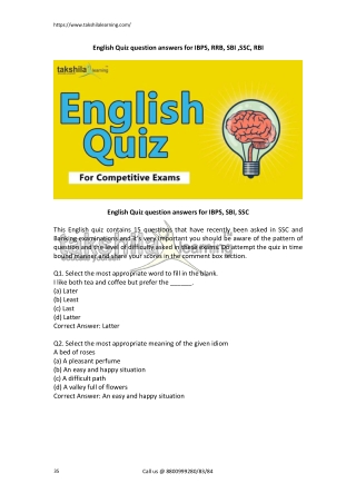 English Quiz question answers for IBPS, RRB, SBI ,SSC, RBI