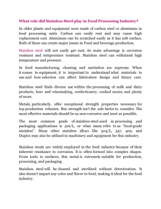 What role did Stainless Steel play in Food Processing Industry?