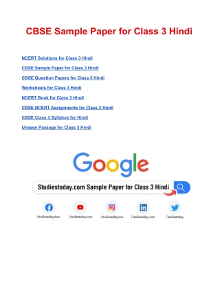 CBSE Sample Paper for Class 3 Hindi Based on Revised CBSE Syllabus 2020-21