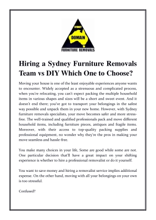 Hiring a Sydney Furniture Removals Team vs DIY: Which One to Choose?