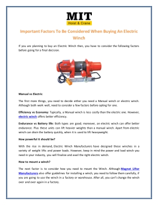 Important Factors To Be Considered When Buying An Electric Winch