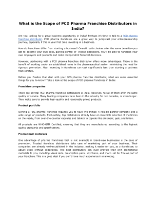 What is the Scope of PCD Pharma Franchise Distributors in India?