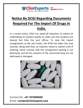 Notice By DCGI Regarding Documents Required For The Import Of Drugs In India.