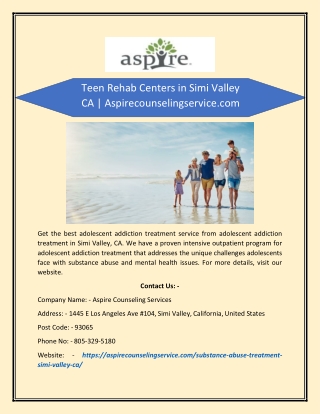 Teen Rehab Centers in Simi Valley CA | Aspirecounselingservice.com