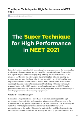 The Super Technique for High Performance in NEET 2021