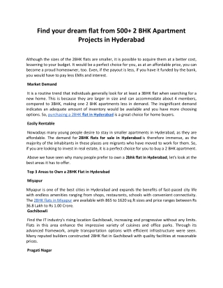Find your dream flat from 500  2 BHK Apartment Projects in Hyderabad