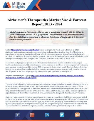 Worldwide Alzheimer’s Therapeutics Market by Countries/Regions, Sales & Revenue Forecast to 2024