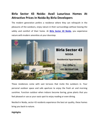 Birla Sector 43 Noida Pre-Launch Apartments