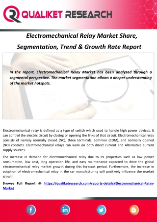 Electromechanical Relay Market Share,   Segmentation, Trend & Growth Rate Report