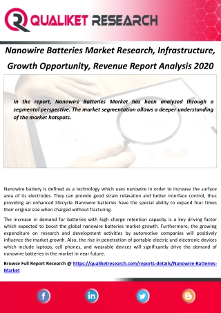 Nanowire Batteries Market Research, Infrastructure, Growth Opportunity, Revenue Report Analysis 2020