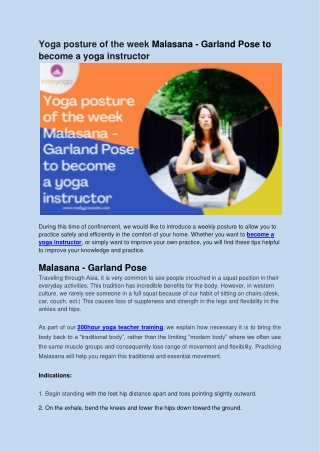 Yoga posture of the week Malasana - Garland Pose to become a yoga instructor