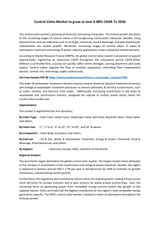 Control Valve Market - Gross Earning and Emerging Growth Opportunity To 2026