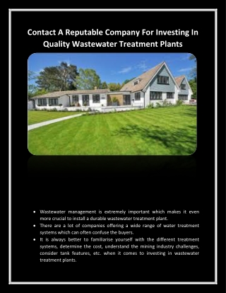 Contact A Reputable Company For Investing In Quality Wastewater Treatment Plants