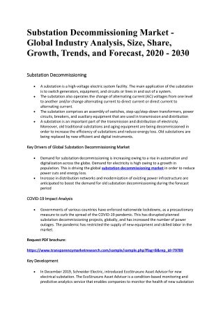 Substation Decommissioning Market - Global Industry Analysis, Size, Share, Growth, Trends, and Forecast, 2020 - 2030