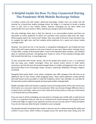 A Helpful Guide On How To Stay Connected During The Pandemic With Mobile Recharge Online