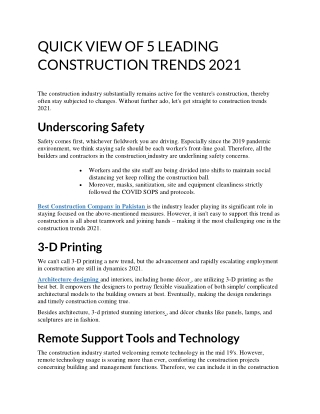 QUICK VIEW OF 5 LEADING CONSTRUCTION TRENDS 2021