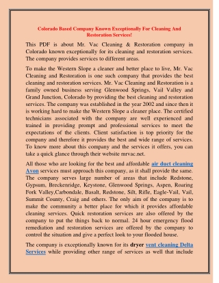 Colorado Based Company Known Exceptionally For Cleaning And Restoration Services!