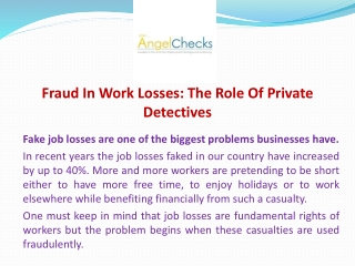 Fraud In Work Losses: The Role Of Private Detectives