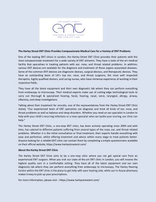 The Harley Street ENT Clinic Provides Compassionate Medical Care for a Variety of ENT Problems