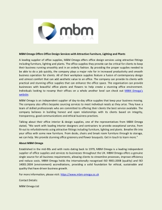 MBM Omega Offers Office Design Services with Attractive Furniture, Lighting and Plants