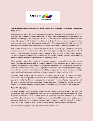 Volt International Offers Recruitment Services to Mid-Sized and Large Multinational Corporations Across the UK