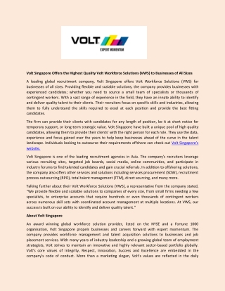 Volt Singapore Offers the Highest Quality Volt Workforce Solutions (VWS) to Businesses of All Sizes
