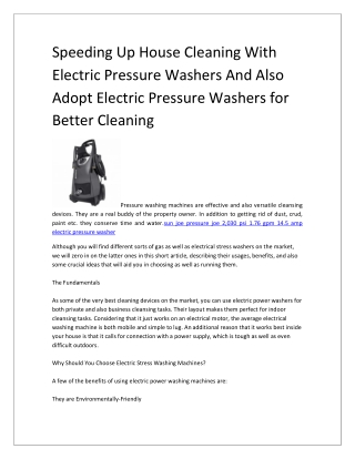 Speeding Up House Cleaning With Electric Pressure Washers And Also Adopt Electric Pressure Washers for Better Cleaning