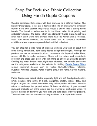 Shop For Exclusive Ethnic Collection Using Farida Gupta Coupons