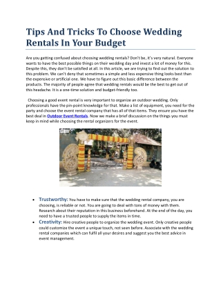 Tips And Tricks To Choose Wedding Rentals In Your Budget