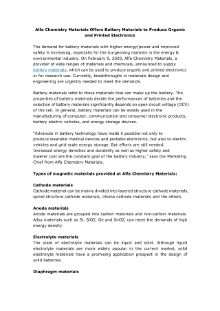 Alfa Chemistry Materials Offers Battery Materials to Produce Organic and Printed Electronics