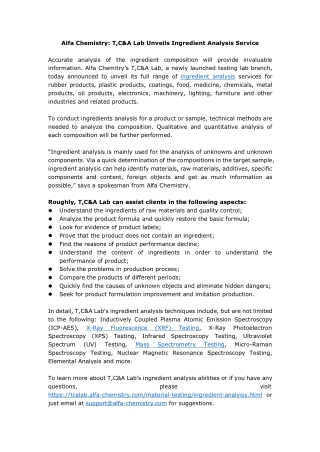 Alfa Chemistry: T,C&A Lab Unveils Ingredient Analysis Service
