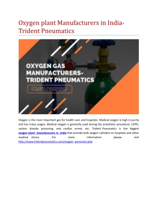 Oxygen plant Manufacturers in India- Trident Pneumatics
